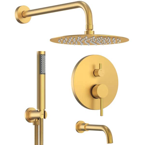 GRANDJOY Pressure Balance 3-Spray Wall Mount 10 in. Fixed and Handheld Shower Head 2.5 GPM in Brushed Gold Valve Included