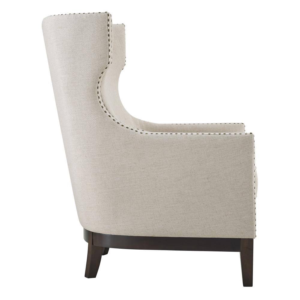 Beige Linen Wing-Back Accent Chair with Nailhead Trim