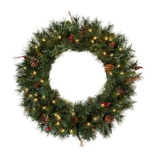 30 in. Artificial Pre-Lit Christmas Wreath with 70UL Light, 165 Tips, Pine Cones, Berry and Twigs