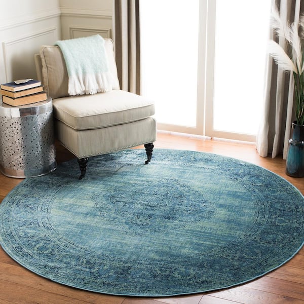 Vintage Turquoise/Multi 6 ft. x 6 ft. Round Border Area Rug