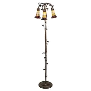 Pond Lily 58 in. Mahogany Bronze Victorian 3-Light Dimmable Arc Floor Lamp with Stained Glass Cone Shade