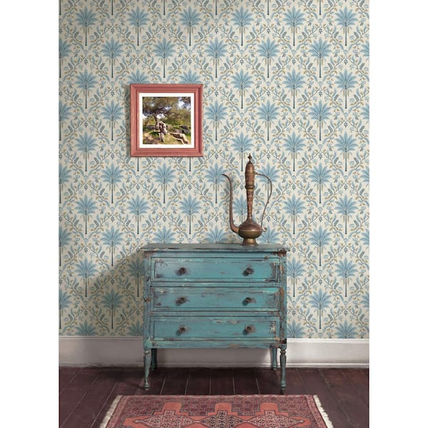 Palm Trellis Blue Non-Pasted Wallpaper (Covers 56 sq. ft.)