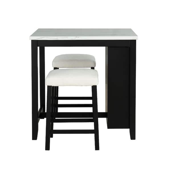 3-Piece Rectangle Black/White Wood Top Bar Table Set Dining Set with USB Charging and Boucle Upholstered Stools for 2