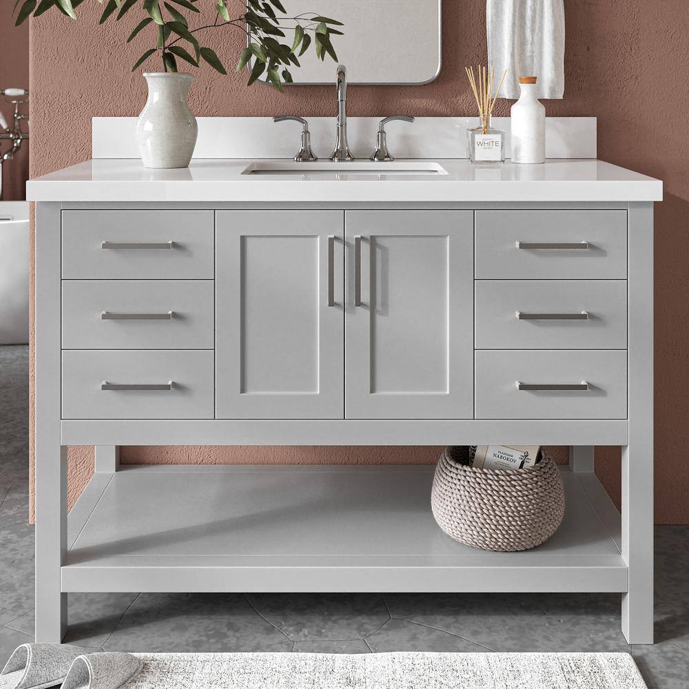 Gray Solid Wood Bath Vanity with White Quartz Top