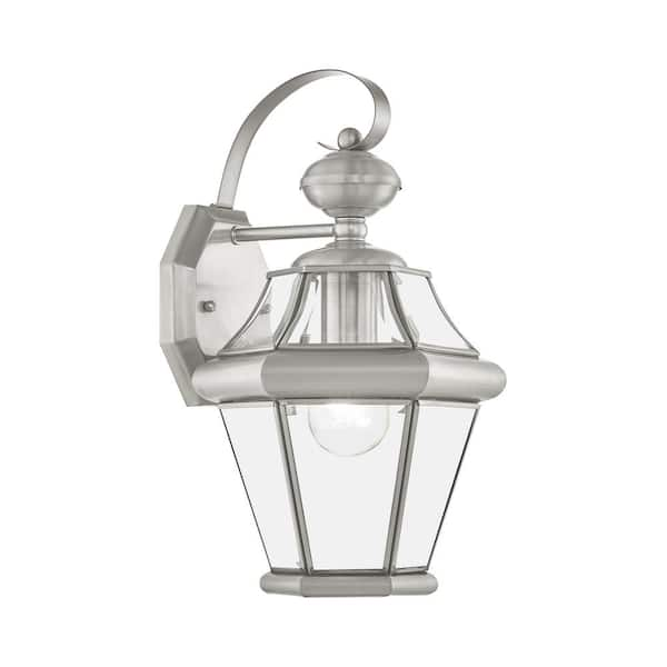 AVIANCE LIGHTING Cresthill 14 in. 1-Light Brushed Nickel Outdoor Hardwired Wall Lantern Sconce with No Bulbs Included