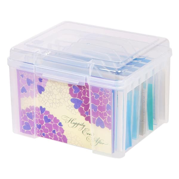 GREETING CARD ORGANIZER with Dividers, Clear Plastic Box, 10” Long
