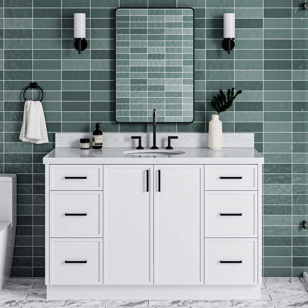 Kelly 55" White Solid Wood Single Sink Vanity with Carrara Marble Top
