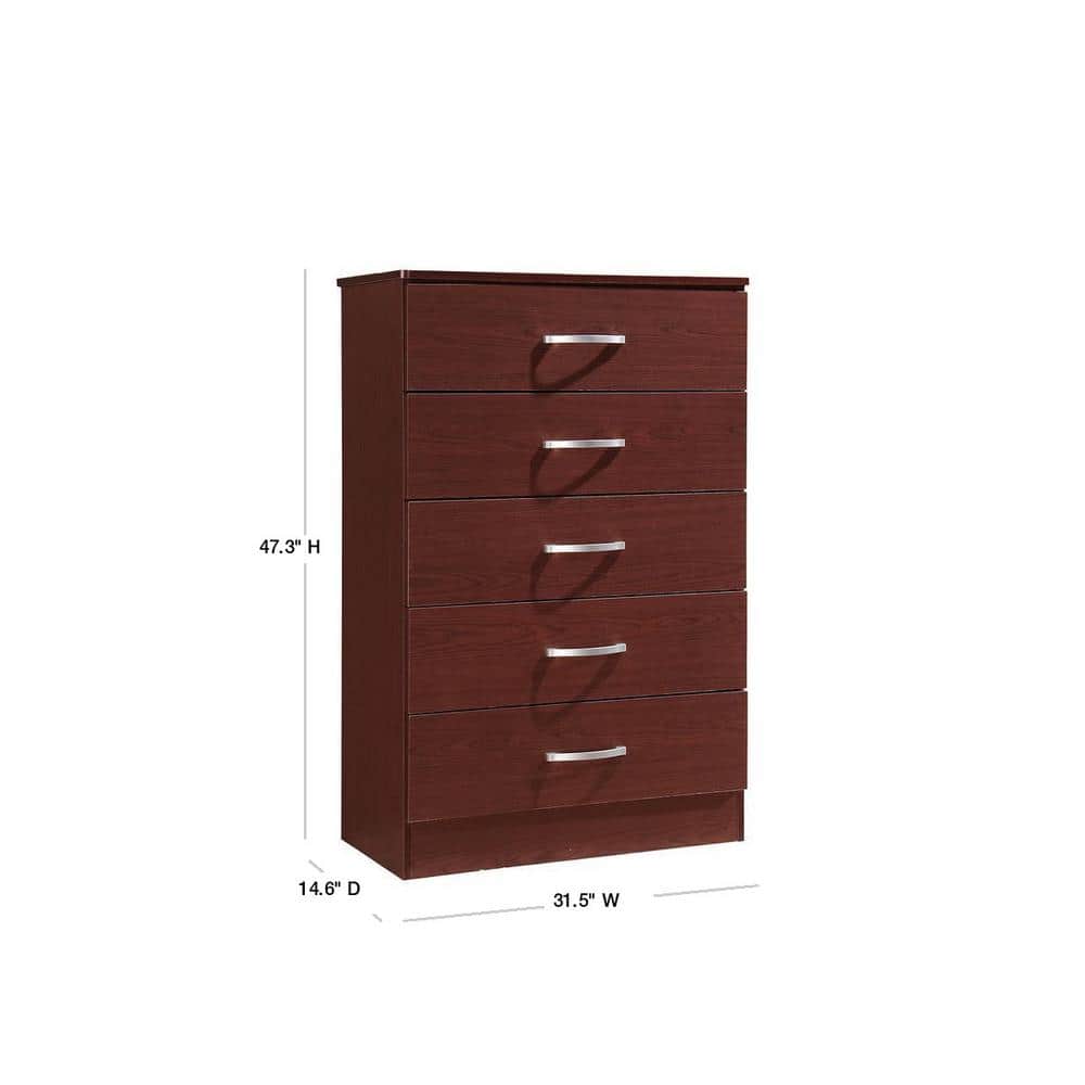 Mahogany 5-Drawer Vertical Chest with Metal Handles