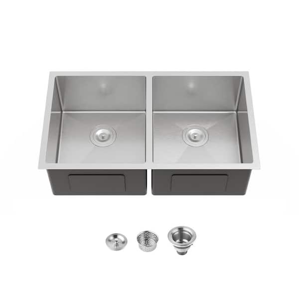 33 in. Undermount Double Bowl 20-Gauge Gray Stainless Steel Kitchen Sink with Drain Assembly