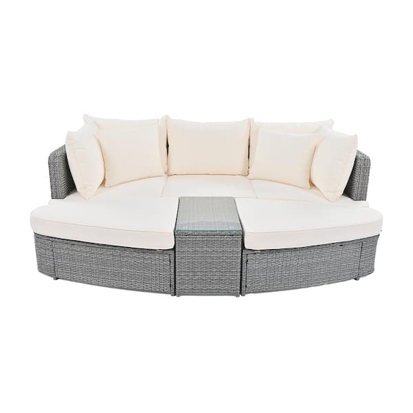Angel Sar 6-Piece Wicker Patio Outdoor Conversation Round Sofa Set with Beige Cushions, Separate Seating Group with Coffee Table