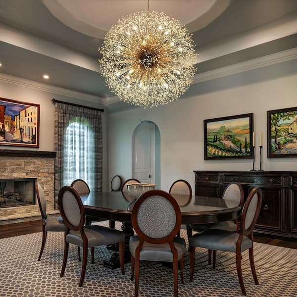 Calzada 47 in. 24-Light Brass Crystal Firework Chandelier with Included Bulbs, Modern Glam Dandelion Ceiling Fixture
