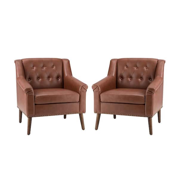 JAYDEN CREATION Nycteus 30 in. Brown Faux Leather Arm Chair with Nailhead Trim (Set of 2)