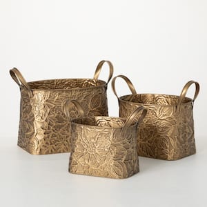 8 in., 9.5 in. and 10.5 in. Brass Botanical Basket - Set of 3; Gold