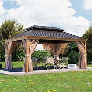 16 ft. x 12 ft. Wood Grain Double Galvanized Steel Roof Hardtop Gazebo with Ceiling Hook, Curtains and Netting