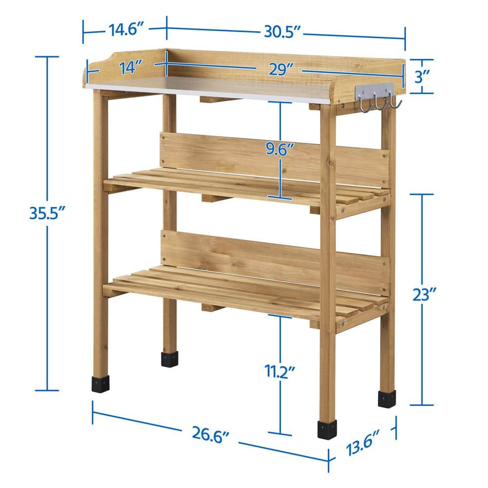 Natural Wood Outdoor Potting Bench with Storage Shelves