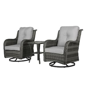 Wicker Gray Patio Swivel Outdoor Rocking Chair Set with Light Gray Cushions and Table (Set of 2)