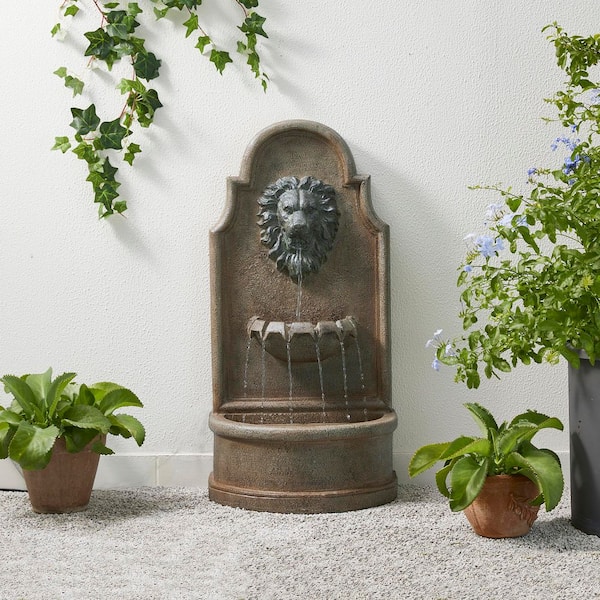 31.75 in. H European Style 3-Tier Oversized Faux Granite Lion Head Polyresin Outdoor Fountain with Pump and LED Light