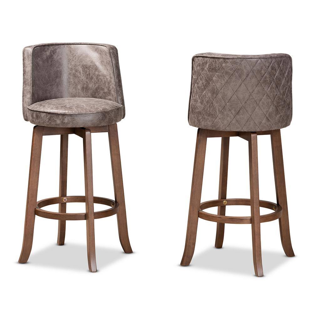 Adams Walnut Brown Swivel Bar Stools with Grey Upholstery, Set of 2