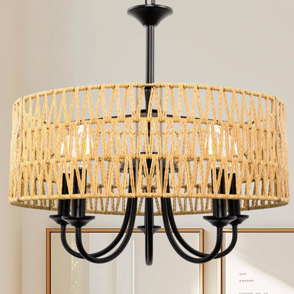chandelierデスク Briignite 5-Light Modern Farmhouse Rattan Pendant Light, Brown