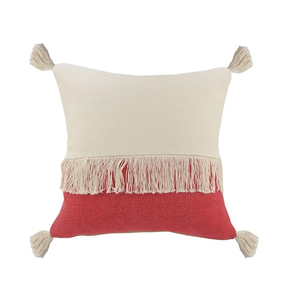 Unbranded Festival Fringe Raspberry Red/Off-White Color Block Soft Poly-Fill 20 in. x 20 in. Indoor Throw Pillow