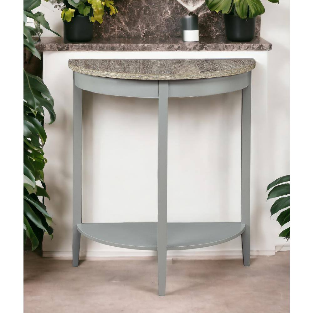 Contemporary Demilune Wooden Console Table with Open Shelf in Gray Oak