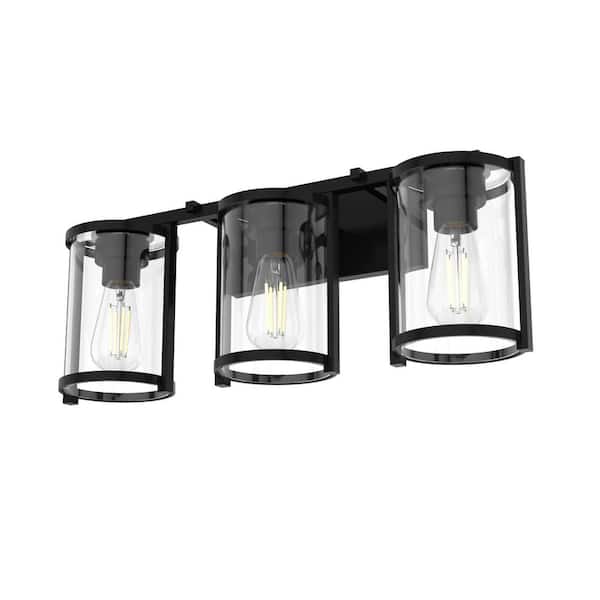 Astwood 24.25 in. 3-Light Matte Black Vanity Light with Clear Glass Shades Bathroom Light