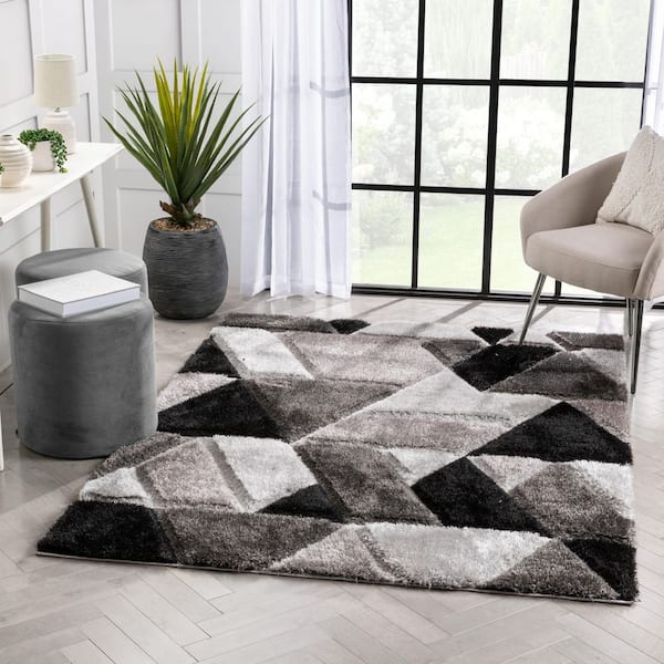 San Francisco Holland Modern Geometric Shag Hand-Carved, 7 ft. 10 in. x 9 ft. 10 in., Black Area Rug