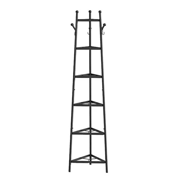 Black Corner Rack 6-Tier Metal Pot Rack Triangle Shelf Storage Tower with Multi-Functional Hooks for Kitchen