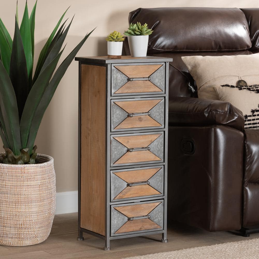 Lockable Gray Office Cabinet with Whitewashed Oak Accents