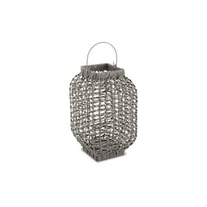 Gray and Clear Indoor and Outdoor Metal Candle Holder Lanter with Glass Stand and Handle Metal, Faux Rattan, Glass