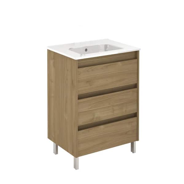 ROYO Sansa 32 in. W x 18 in. X 34 in H. D 3-Drawer in Toffee Walnut with Vanity Top in White with Ceramic White Basin
