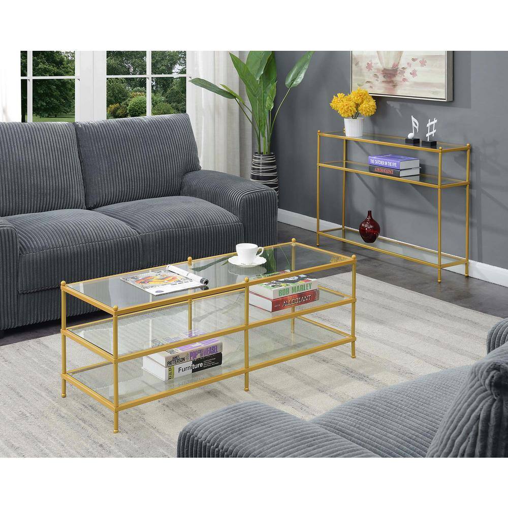 Elegant Gold-Finish 3-Tier Glass Coffee Table, 48" Rectangular