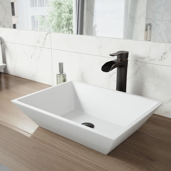 VIGO Matte Stone Vinca Composite Rectangular Vessel Bathroom Sink in White with Faucet and Pop-Up Drain in Antique Bronze