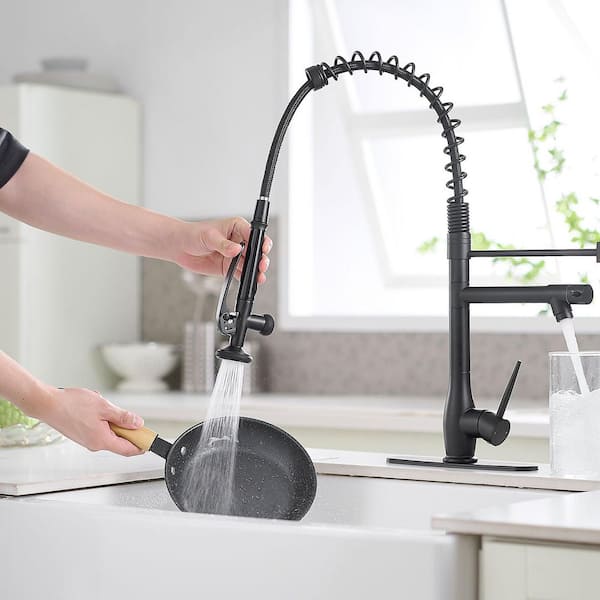 Commercial Matte Black 22 in. H Pull Down Sprayer Kitchen Faucet with 360° Swivel Spout and Pot Filler, Locking Sprayer