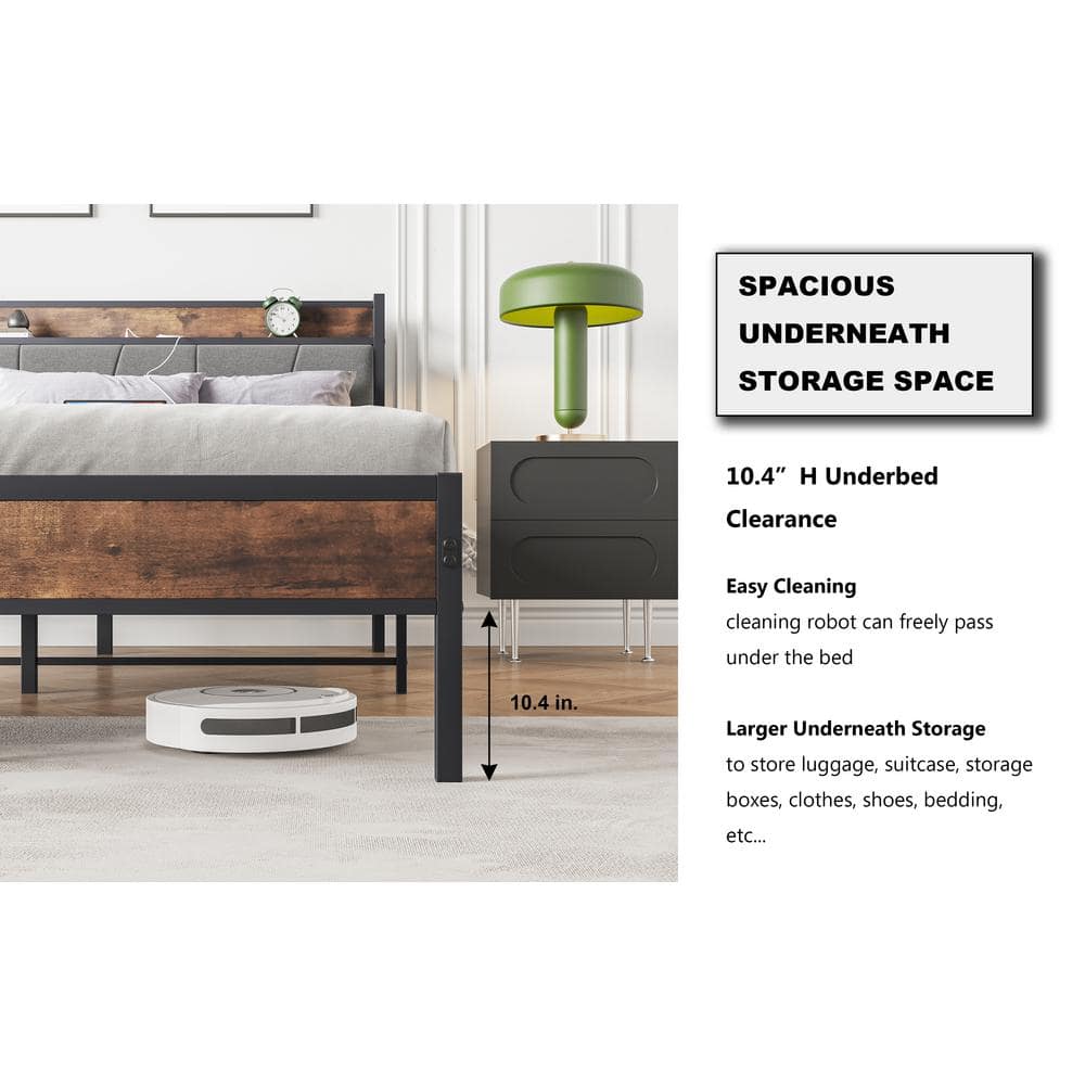 Queen Black Metal Frame Platform Bed with Upholstered Storage Headboard