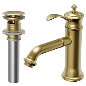 Vineyard Single-Handle Single-Hole Basin Bathroom Faucet with Matching Pop-Up Drain in Brushed Gold