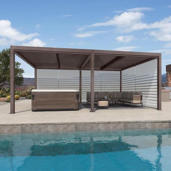12 ft. x 20 ft. Bronze Aluminum Frame Louvered Pergola with Adjustable Shade Roof and 1-Long 1-Short Side Roller Shades