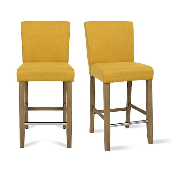 Elevens Yellow Fabric Upholstered High Back Solid Wood 26 in. Counter Stool (Set of 2) (17 in. W x 40 in. H)
