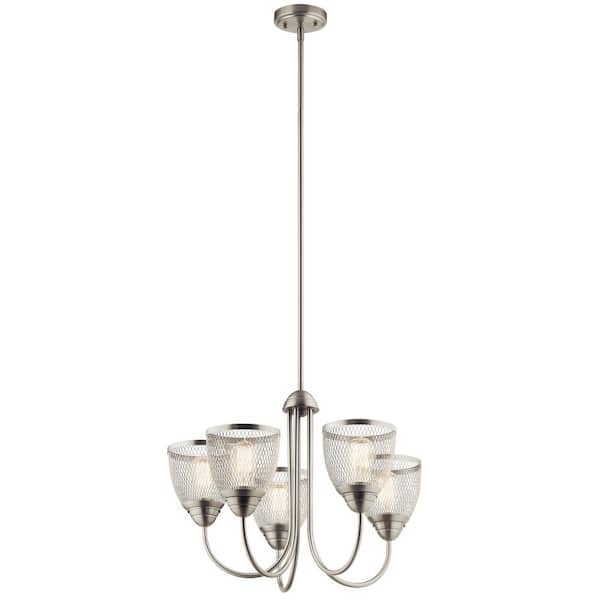KICHLER Voclain 24 in. 5-Light Brushed Nickel Vintage Industrial Shaded Circle Convertible Chandelier for Dining Room