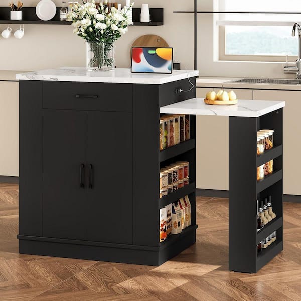 URTR Black Wood 33-81 in. Kitchen Island with Extendable
