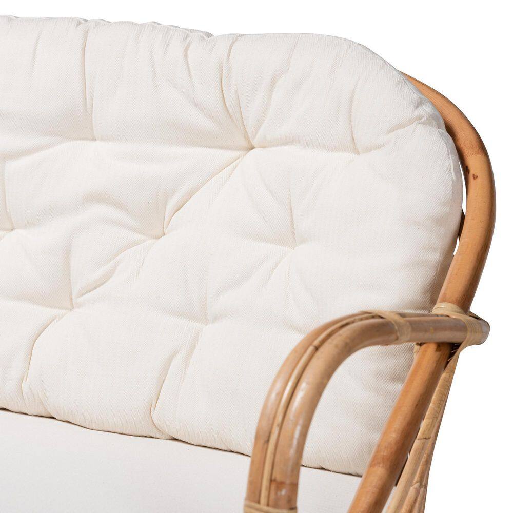 Natural Rattan Loveseat with Tufted Off-White Cushions