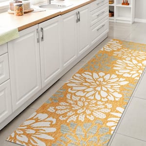 Zinnia Modern Floral Textured Weave Yellow/Cream 2 ft. x 10 ft. Indoor/Outdoor Area Rug