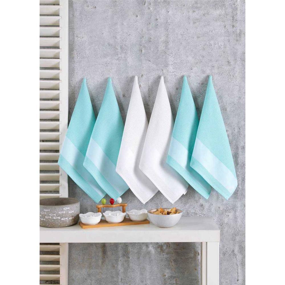 Arctic Blue and White Cotton Waffle Weave Kitchen Towel Set (Set of 6)
