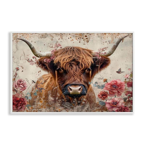 Stupell Industries Highland Cow in Spring by LSR Design Studio White Framed Animal Giclee Art Print 16 in. x 24 in.