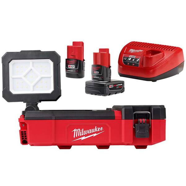 Milwaukee - M12 12-Volt Lithium-Ion Cordless PACKOUT Flood Light w/USB Charging, One 4.0 Ah and One 2.0 Ah Batteries and Charger