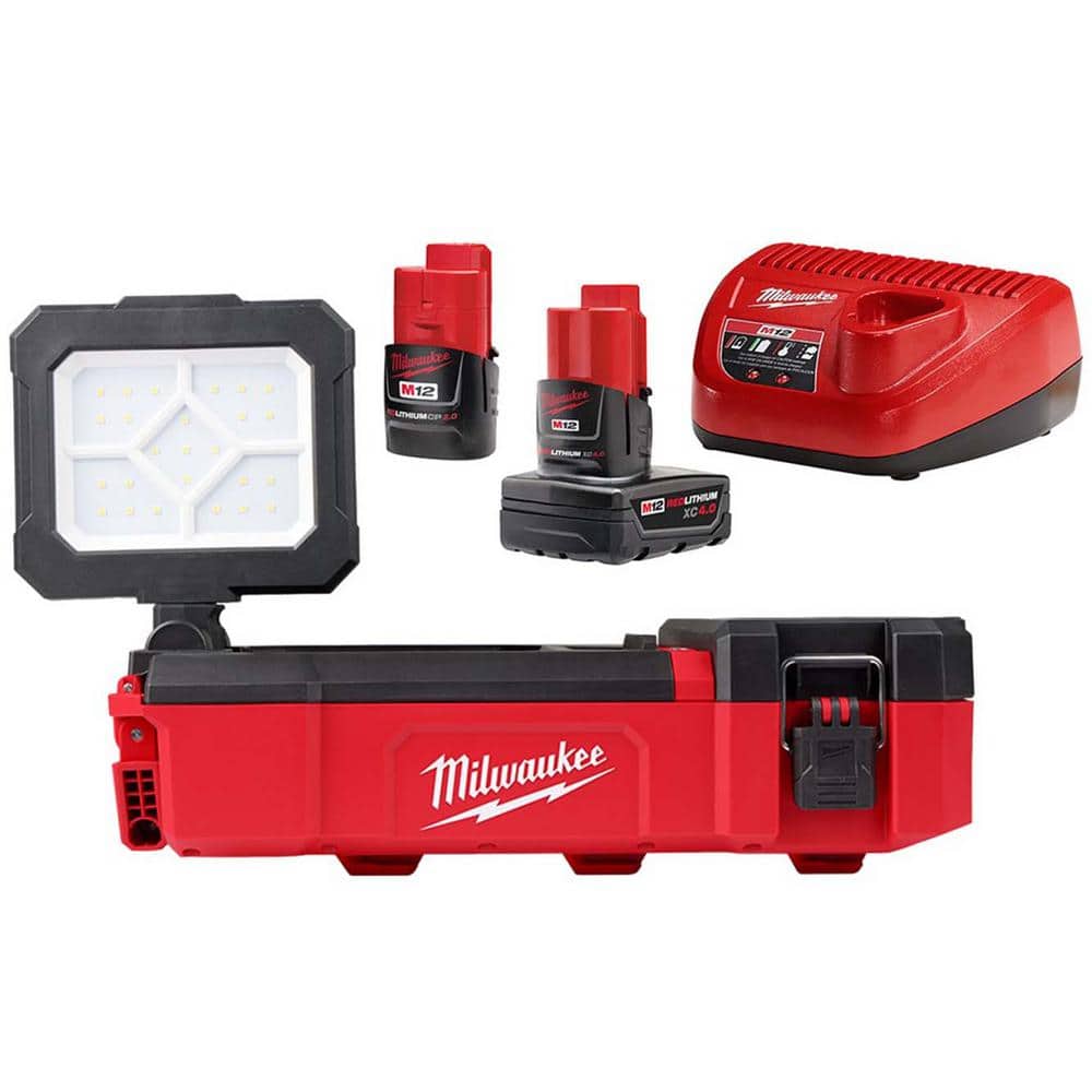 Milwaukee M12 12-Volt Lithium-Ion Cordless PACKOUT Flood Light w/USB Charging, One 4.0 Ah and One 2.0 Ah Batteries and Charger