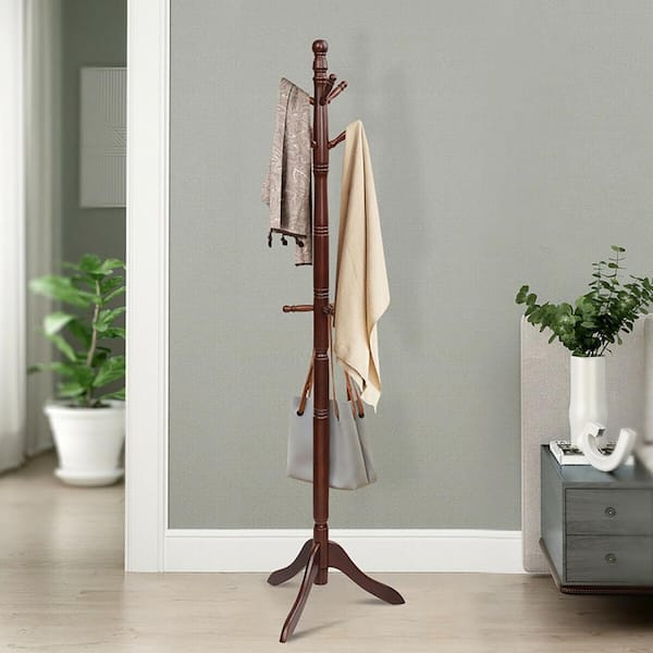 Clihome Brown Entryway Height Adjustable Coat Stand with 9 Hooks, Brown-9