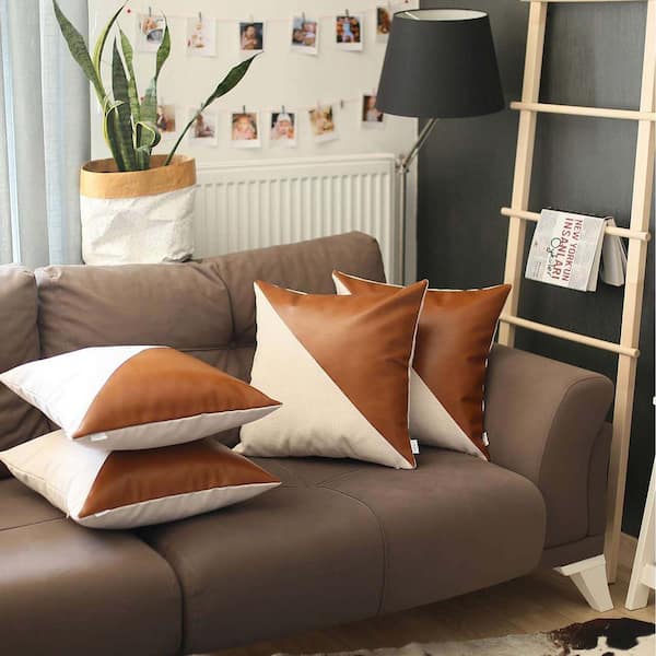 Bohemian Vegan Faux Leather Brown and Ivory 18 in. x 18 in. Square Solid Throw Pillow Set of 4