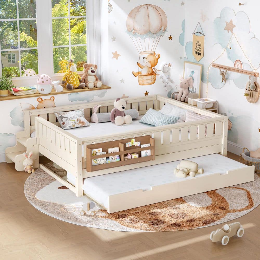 Beige Queen Size Kids Bed with Built-in Bookshelves and Small Staircase