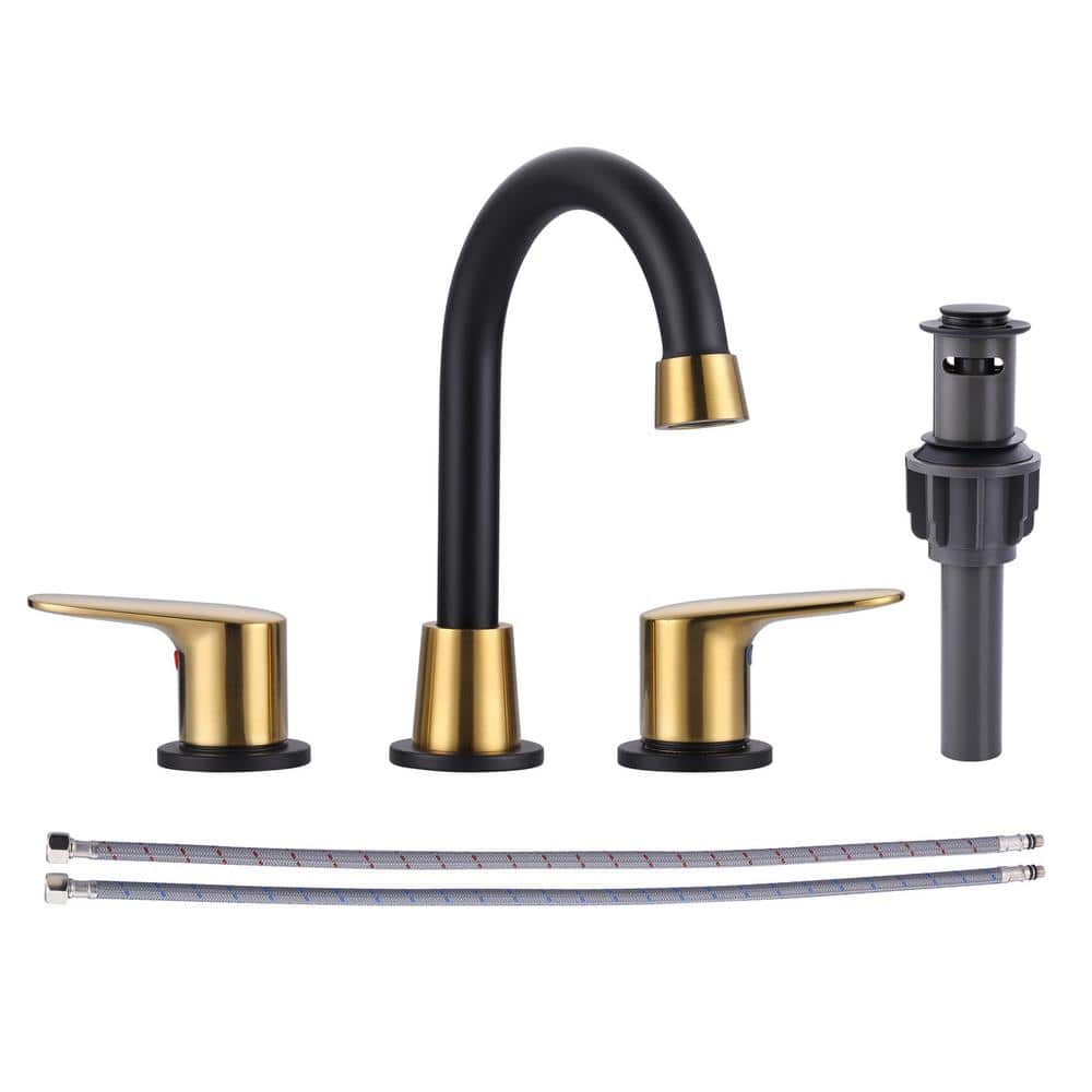 8 in. Widespread Double Handle Bathroom Faucet with Drain Kit Included in Gold and Black price history on PriceWatchPro